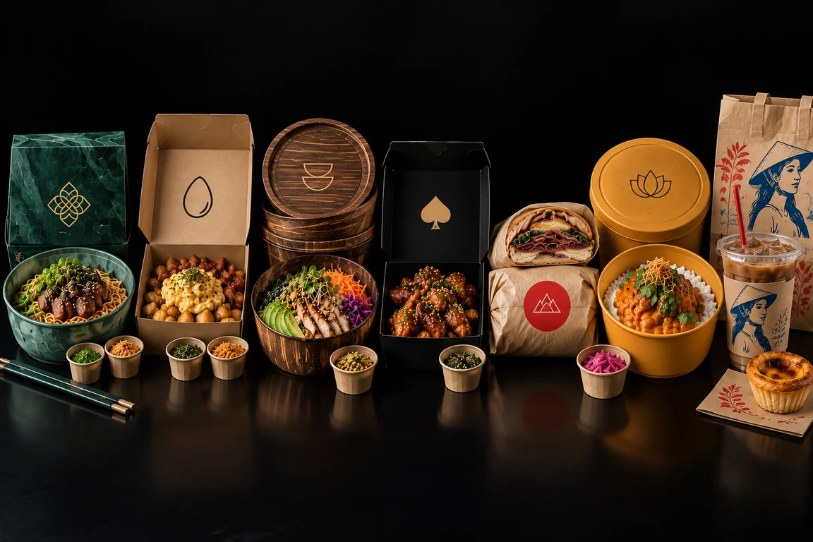 The seven Sous Chef brands in their packaging on a black studio surface: a jade green noodle bowl and box, a kraft egg box, faux wood grain bowls, a black wings box with a gold spade, a kraft-wrapped sandwich with a red seal, saffron bowls of curry, and a Vietnamese iced coffee with a kraft carrier.