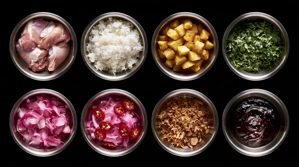 Eight steel kitchen pans in a precise grid holding chicken, rice, potatoes, herbs, pickles, chili, crispy toppings and sauce.